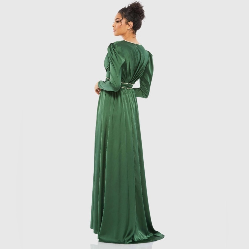 IEENA FOR MAC DUGGAL Rhinestone Trim Puff Sleeve Gathered Formal Gown Green Sz 6 - Picture 4 of 12